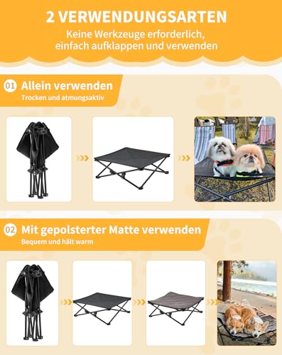 KingCamp Erhöhtes Hundebett Hundeliege Outdoor Haustierbett Haustierliege Atmungsaktivem Mesh & Wildledermatte & Rutschfesten Füßen für Reisen Garten Outdoor Indoor, Schwarz 77 x 77 x 30 cm