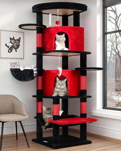 Image of Globlazer Gothic Corner Cat Tree Tower for Large Cat, 66inch Tall Large Goth Cat Tree for Multiple Indoor Cats with 6 Scratching Posts, 2 Spacious Condos, Soft Hammock, Hanging Basket, C66, Red Black