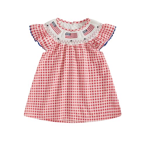 Toddler Baby Girl 4th of July Clothes USA Flag Embroidery Smocked Dress Flutter Sleeve Princess Dresses Summer Outfit (Red, 4-5 Years)