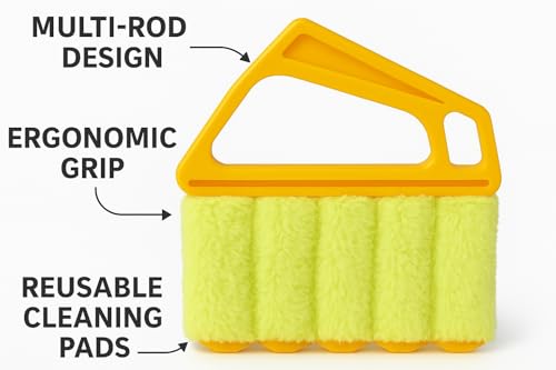Image of 7-Slat Window Blind Duster - Microfiber Shutter & Vent Cleaner Tool with Ergonomic Handle, Reusable Washable Sleeves, Green & Orange Dust Remover for Home or Office