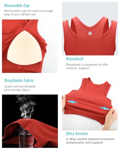Image of RUNNING GIRL Sports Bras for Women High Impact Seamless Ribbed Longline High Neck Workout Crop Tank Tops Padded(BX3036Red,S)