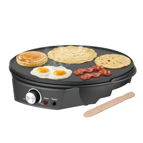 Crepera Electrica Grande con Placa Antiadherente de 30cm Maquina de Tortitas 1000W Accesorios de Madera para Huevos Pan y Desayuno Maquina de Plancha Profesional para Hogar