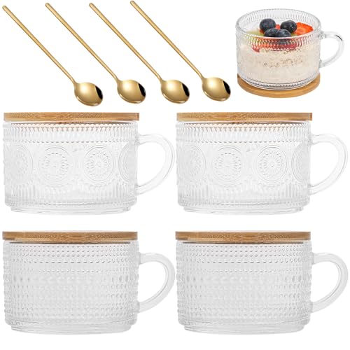 Euakee Tazze da Caffè Vintage, 4 Pezzi Tazze Cappuccino in Vetro, Tazze Colazione con Coperchio e Cucchiaio, Tazze da Colazione per Tè, Caffè, Latte, Cappuccino, Espresso