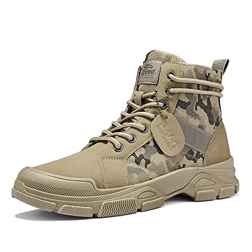 Terbofin Men's Tactical Boots Lightweight Lace Up High Top Hiking Work Ankle Boots Camouflage Khaki Size 8.5 #TOP27