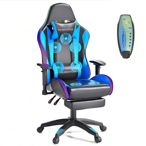 Mr IRONSTONE Massage Gaming Chair 7-Point, Office Chair with Footrest and Lumbar Support, Adjustable Seat Height Ergonomic, 176° Reclining Max, Blue