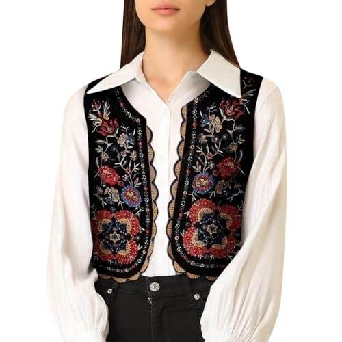 Chaleco floral de lino para mujer con bordados y flores de crochet casual