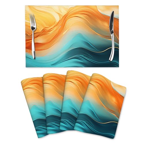 Orange Teal Marble Placemats Set of 4 Kitchen Table Mats for Dining