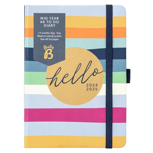 Busy B Mid Year A6 To Do Diary August 2024 - August 2025 - Stripe Week to View A6 Diary with Notes, Pen Holder and Tear-Out Lists