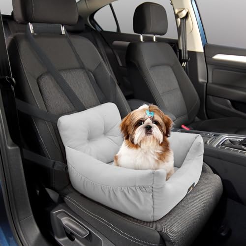 Veehoo Dog Car Seats for Small Dogs, Soft Cotton Dog Booster Seat Bed, Washable & Portable Pet Carseat Travel Bed with Safety Leash, Storage Pocket and Anti-Slip Bottom for Dog, Puppy, Cat, Grey