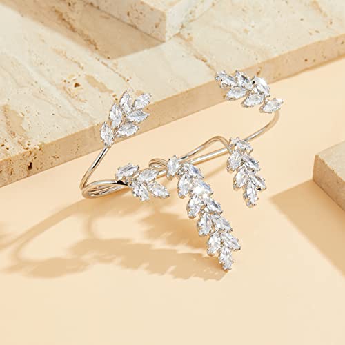 Aprilery Silver Statement Palm Ring, Fashion Plated Cz Cubic Zirconia Crystal Cocktail Rings Leaf Shape Full Fingers Adjustable Size Bracelet Jewelry Rings Gifts For Women Girls #TOP4