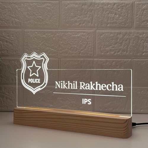 Image of Personalized Acrylic Desk Name Lamp for Police Officers | Custom LED Light with Name, Designation & Badge Logo | Inspector, DSP, SP, DCP, SSP, IPS Officer Gift | Best Police Service Gift (10 x 6 inch) (For Police Officer)