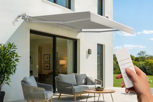 Cazeboo Store banne motorisé 3x2,5m Semi-Coffre Blanc - Toile Beige 320g/m² UV50+ - 7,5 m² ombrage terrasse Balcon - Capteur Vent Inclus - Structure...