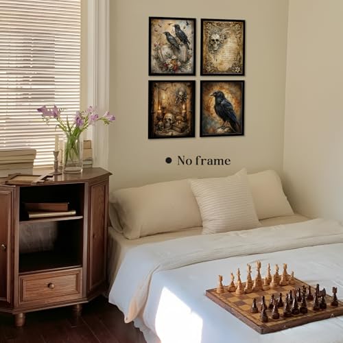 Image of WEFKODO Vintage Moody Gothic Wall Decor Skull Prints, Vintage Crow Goth Dark Academia Wall Art Posters 4Pcs, Gothic Decor for Home Bedroom Bathroom Dorm College, 8x10 Unframed