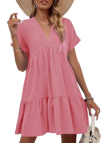 Image of WDIRARA Women's Roll Up Short Sleeve V Neck Ruffle Hem Solid Swing Smock Dress