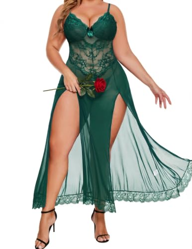 Image of Alrovetoney Plus Size Lingerie For Women Babydoll Sexy Mesh Maxi Nightdress Exotic Sleepwear Side Slits
