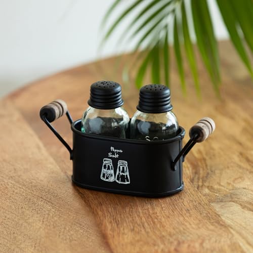 Image of ExclusiveLane 'Mason Bottle' Glass Salt Pepper Set for Dining Table with Iron Holder (Set of 2, 60 ML) | Salt and Pepper Container for Dinning Table Salt and Pepper Dispenser Salt and Pepper Shaker