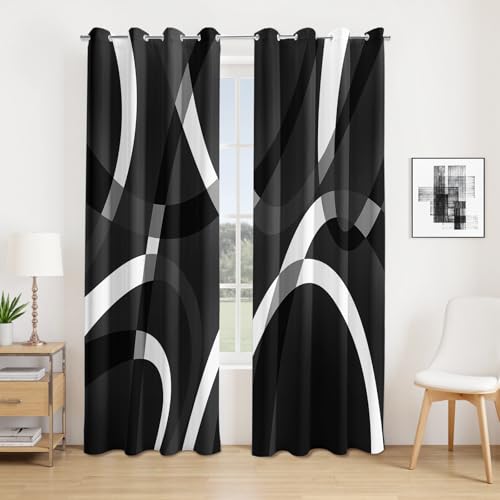 weesire Black and White Blackout Curtains for Bedroom Living Room 2 Panels 100% Blackout Modern Circle Pattern Curtains Abstract Stripe Curtains 52x84 Inches