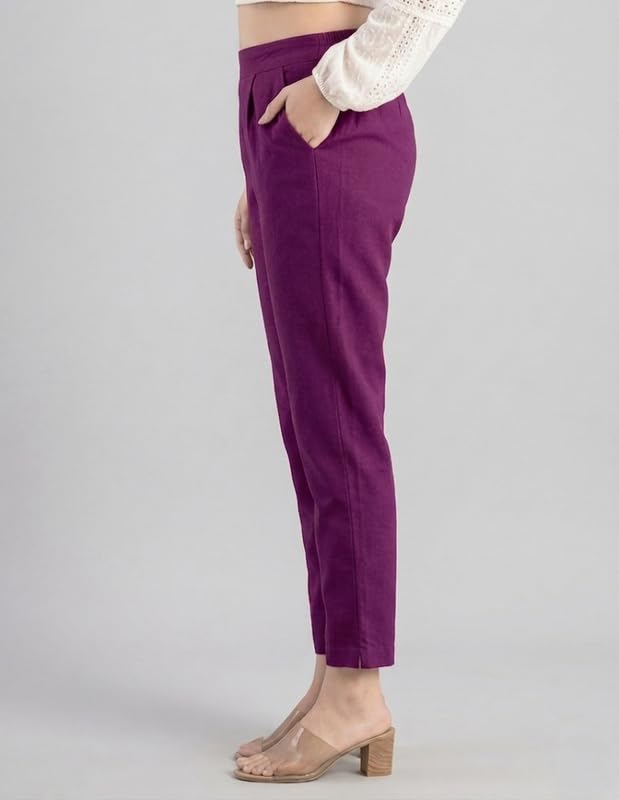 Image of Solid Cotton Woman Trousers Pants Regular Fit Kurti Pant with Drawstring Daily Office Formal Casual Use