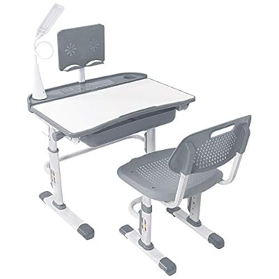 Yinleader Kids Schreibtisch und Stuhlset, Verstellbarer Kindertisch mit Augenschutzlampe, Bücherständer, gekippter Schreibtisch, ideal zum Schreiben, Lesen und Zeichnen (grau)