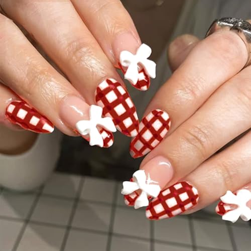 24Pcs French Tip Press on Nails Medium Almond Shaped Fake Nails with 3D Bow Design,Glossy Red and White checkered French Nails Press ons Cute Stick on Nails Artificial Fingernails for Women