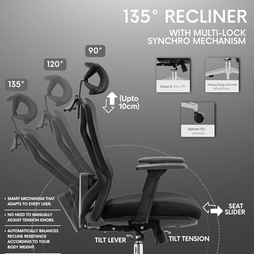 Image of Aeronaut Ergonomic Office Chair for Work | Multi-Lock Synchro Tilt Mechanism with Seat Slider | 5 Year Warranty | 3D Armrest | Adjustable Lumbar (Black, 3D with Seat Slider)