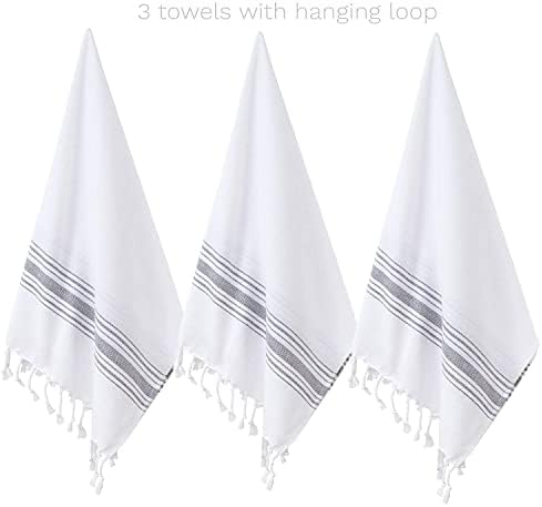 Turkish Hand Towel Set (Pack of 3) Boho Kitchen Towels, Decorative Farmhouse Towels for Bathroom, Fringe Tea Dish Cloth Set, Quick Dry and Highly Absorbent (18 x 38 inches) (Dark Navy) (Grey)