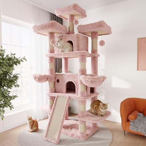 Image of SHA CERLIN 81 Inches Extra Large Cat Tree for Indoor Adult Cats /XXL Big Cat Tower with Condo /Cozy Perches /Sisal Scratching Posts and Hammocks /Activity Center /F80 /Heavy Duty /Pink