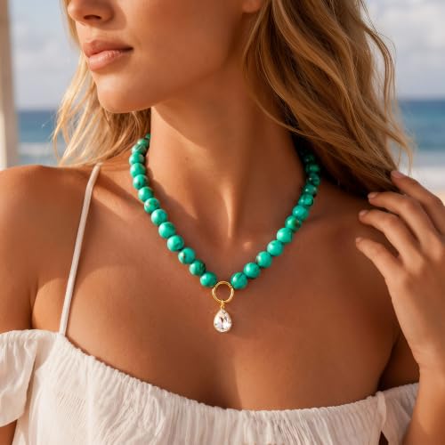 Turandoss Turquoise Beaded Necklace for Women, CZ Choker Pendant - image 3