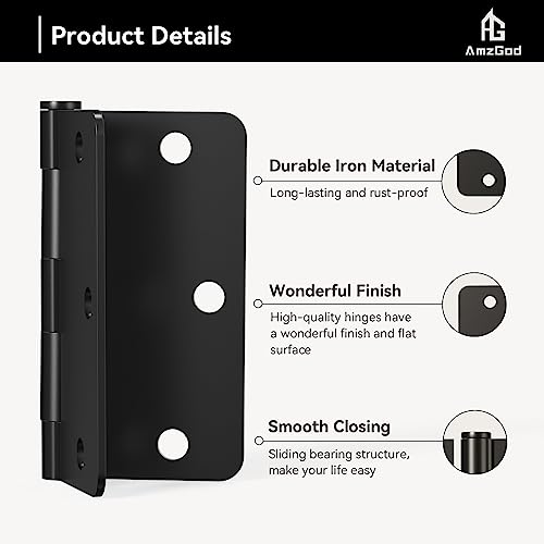AmzGod Door Hinges Matte Black - 6 Pack Black Door Hinges 3.5 Inch Rounded Interior Door Hinge with 1/4" Radius Corners - Black Hinges for Doors 3 1/2 Inches Flat Iron Residential Door Hardware by AmzGod - Image 5