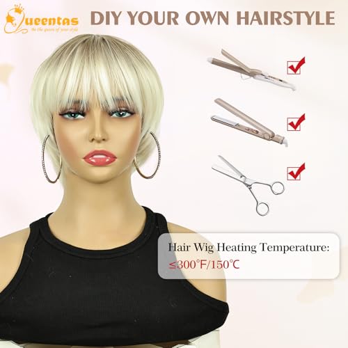 Image of QUEENTAS 8 Inch Short Blonde Pixie Cut Wig with Bangs for Women, Layered Platinum Blonde with Light Brown Dark Roots Synthetic Hair Wig for Daily Commute, Running & Cosplay