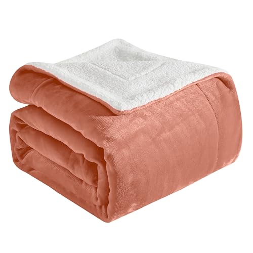 Elegant Comfort Ultra Soft Reversible Flannel Sherpa Blanket - Cozy Silky Fleece Throw for Couch, Bed - Plush Fuzzy Warm Winter Blanket for Gift, Twin, Coral