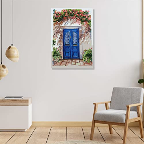 Image of RANGOLI 100% Cotton Stretched Canvas Painting 400 GSM, Framed Modern Art Blue Door Canvas Abstract Wall Art for Living Room, 3D Paintings for Wall Decor (12 x 18 Inch With Frame)