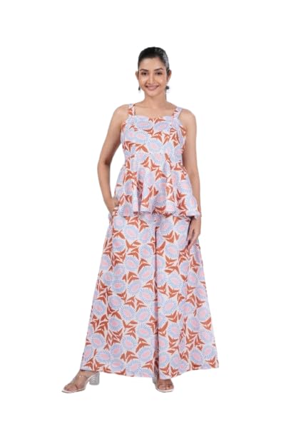 Women's Cotton Blend Printed Peplum Top and Palazzo Co-Ord Set | Sleeveless Floral Print Co Ord Set for Women-image-40