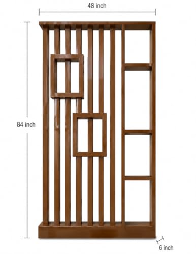 Image of Modern Wooden Room Divider with Storage Shelves | Partition for Living Room & Entryway | Decorative Display Rack with Vertical Slats ((84 x 48 x 6 Inches Brown))