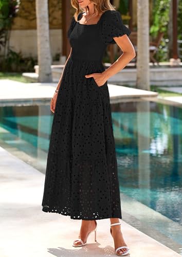 Image of PRETTYGARDEN Summer Dresses for Women 2026 Eyelet Square Neck Puff Sleeve Smocked Wedding Guest Maxi Dress with Pockets
