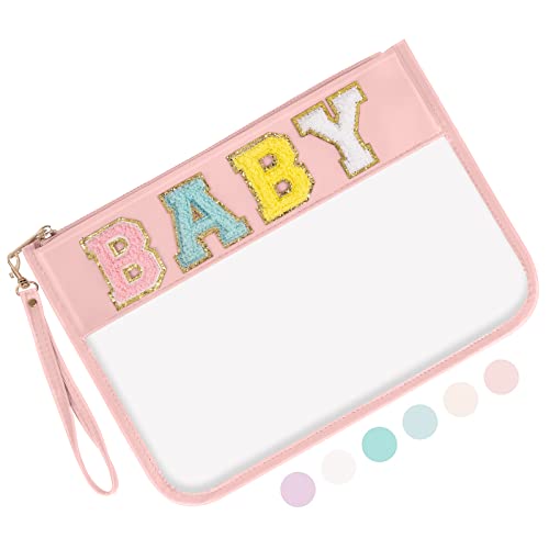 Image of Iqimott Chenille Letter Clear Bag Baby Pouch, Monogram PVC & PU Makeup Cosmetic Bag Zipper Toiletry Pouch, Portable Travel Beach Snack Wristlet Bags for Women Girls(Baby, Pink)