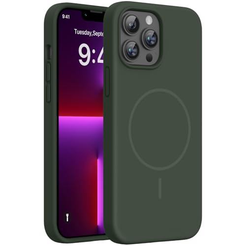 Image of Miracase Magnetic for iPhone 13 Pro Case, [Soft Anti-Scratch Microfiber Lining], Compatible with MagSafe, Liquid Silicone Shockproof Drop Protection Phone Case for 13 Pro, Dark Green