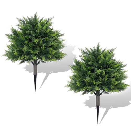 2 Pack Artificial Cedar Topiary Ball Trees,23.5 in Decorative Artificial Cypress Topiary Tree with Ground Spikes, Perfect for Indoor and Outdoor Fake Evergreen Tree for Garden,Porch, Yard Decoration