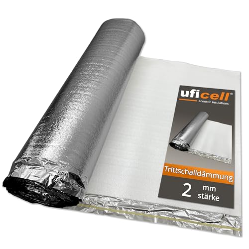 uficell® Trittschalldämmung ALU Plus PE-Schaum Laminatunterlage mit Alu-Dampfbremse Stärke: 2 mm Tritt- und Gehschalldämmung perfekt für Laminat und Parkettböden (2 mm Stark | 100 m² - 4 Rollen)