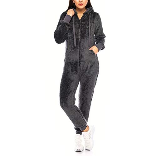 Crazy Age Damen Jumpsuit aus kuscheligem Teddy Fleece | Overall | Ganzkörperanzug Flauschig |Homewear (Anthrazit, XS~34)