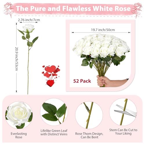 White Roses Artificial Flowers Bulk, 52Pcs Fake Roses White Flowers, DIY Silk Faux Roses Bouquet, Realistic White Faux Flowers Mohter's Day Valentine's Day Decor - Image 4