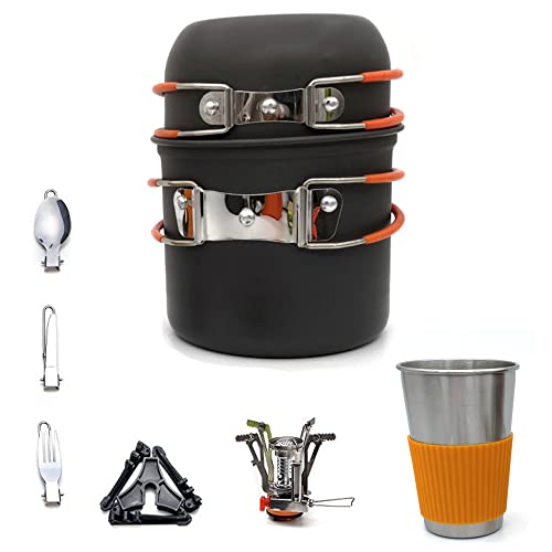 NiCoLa Portable Cooking Set with Stove - 7PCS Camping Cookware Kit Including Stainless Steel Cup, Pots, Forks, Knife for 1 to 2 People Hiking, Picnic