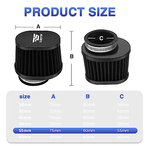 Image of 2PCS Motorcycle Air Filter Universal 55MM Replacement Engine Filter High Performance Air Filters Fit Motocross Carburetor Cleaner for Pit Bike Scooter Moped ATV (Black)