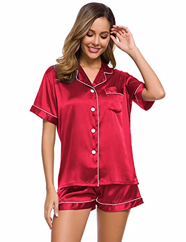 Image of LecGee Womens Silk Satin Pajamas Short Sleeve Loungewear Two-Piece Sleepwear Button-Down Pj Set