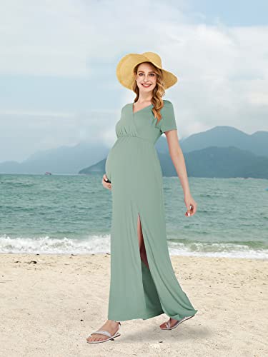 Liu & Qu Maternity Dress Short Sleeve Ruched Waist Casual Wrap Maxi Split Pregnancy Dress For Photoshoot Baby Shower Sage Green #TOP1