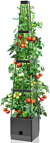 vanpein Raised Garden Bed Planter Boxes & Trellis, Tomato Cage & Planter Pot Outdoor 59" Plant Support with Self Watering for Climbing Vegetable Flowers Vines Plants, Gray