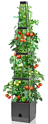 Vanpein Raised Garden Bed Planter Boxes & Trellis, Tomato Cage & Planter Pot Outdoor 59" Plant Support With Self Watering For Climbing Vegetable Flowers Vines Plants, Gray #TOP16