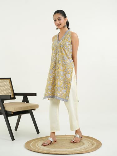 Image of GOODHAND Women Printed Cotton Kurti | Casual Long Kurta | Comfortable Ethnic Wear with Relaxed Fit