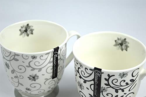 YöL Set of 4 Coffee Mugs Tea Cups Floral Swirl Grey Black White New Bone China Large 400ml
