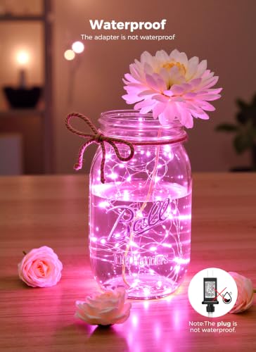 Image of Pink Fairy Lights Plug in, 33Ft 100 LEDs Waterproof Silver Wire Firefly Valentine's Lights, Adaptor Included, Starry String Lights for Wedding Indoor Outdoor Patio Garden Valentine's Day Decoration